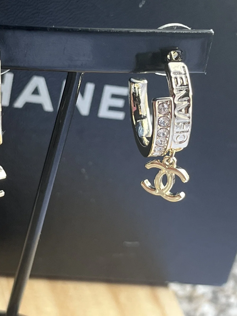 Authentic CHANEL Gold-Tone Crystal Small Hoop Earrings